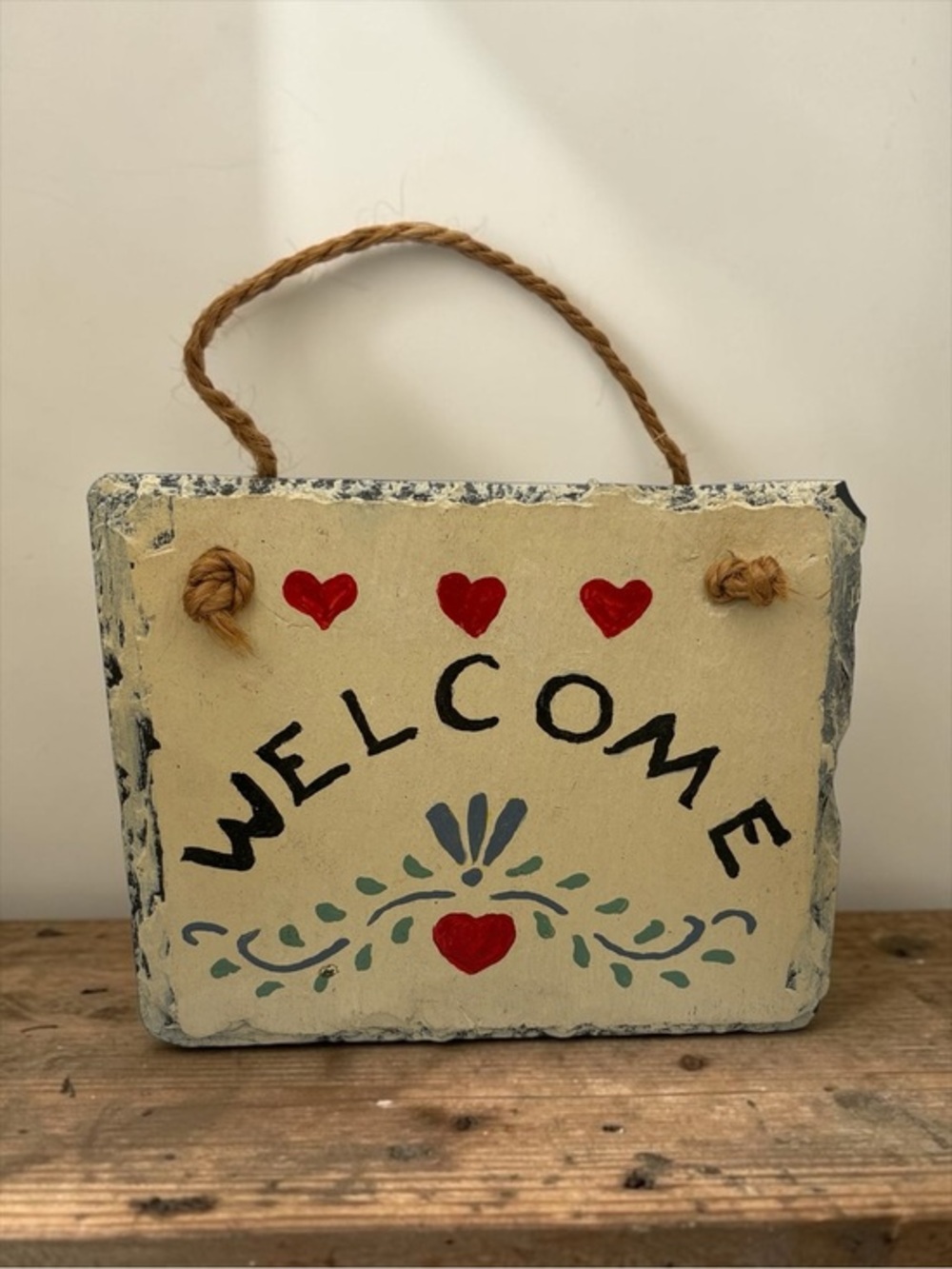 Vintage 80s-90s Hand Painted Slate Welcome Sign w/ Hearts Folk Art Ready To Hang